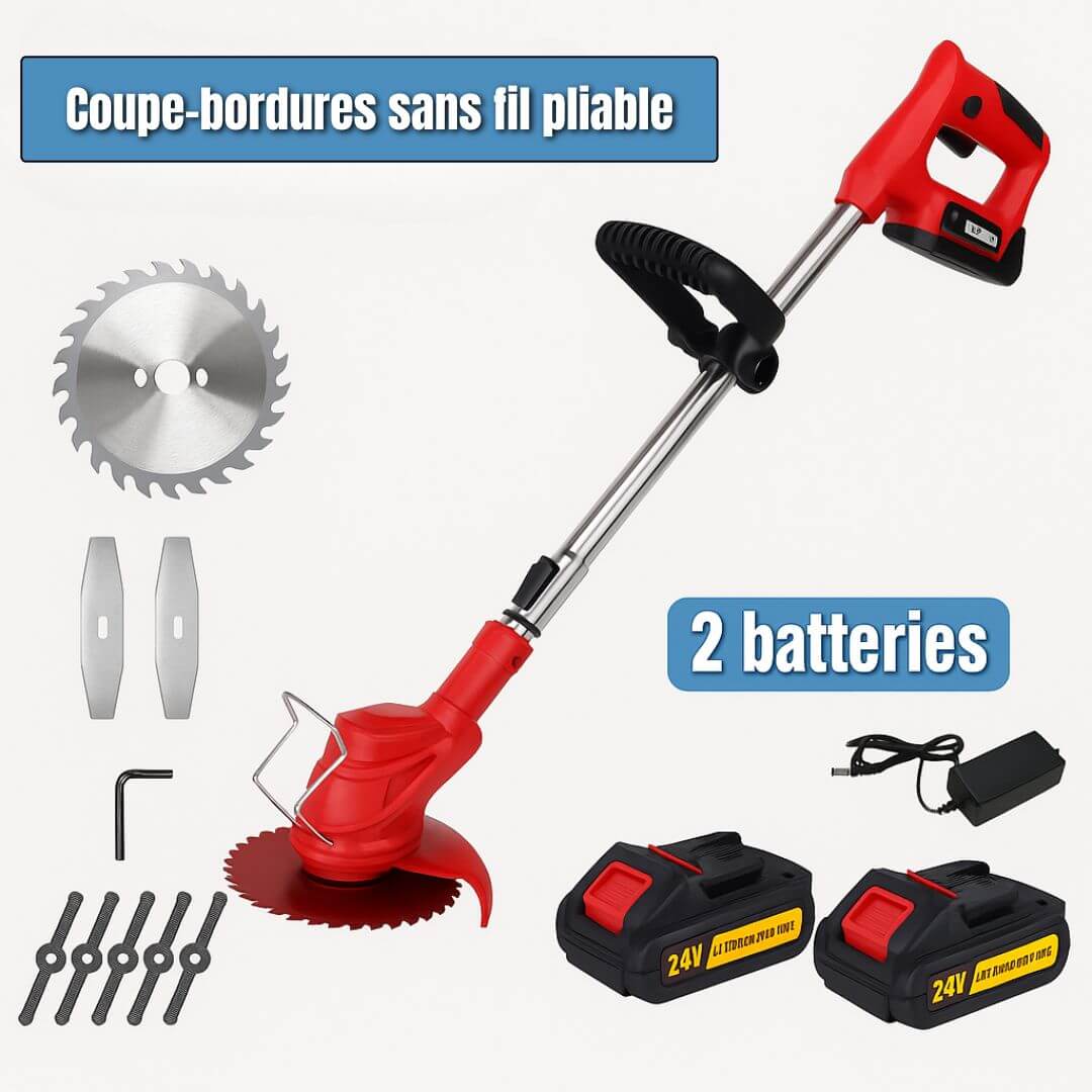 Coupe-bordures sans fil pliable + 2 batteries incluses